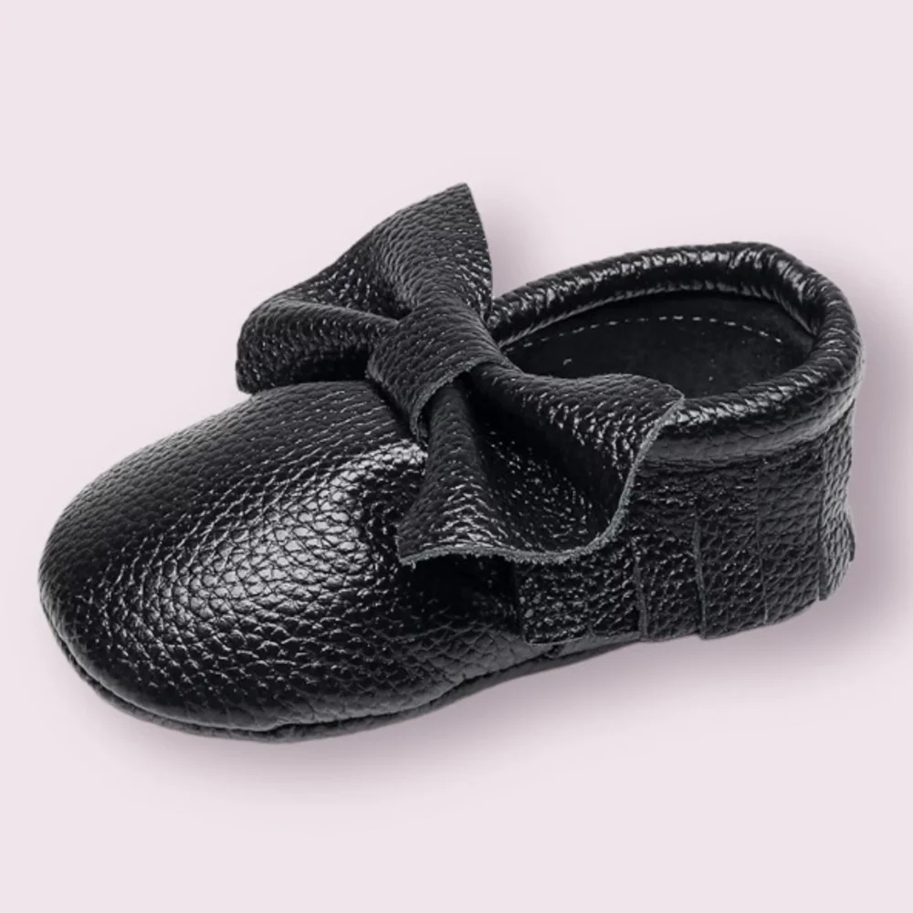 Leather Baby Moccasins with Tassels Crib Toddler Shoes in Black